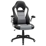 SONGMICS Gamingstuhl, Racing Chair, Schreibtischstuhl mit hoher Rückenlehne, Bürostuhl, höhenverstellbar, hochklappbare Armlehnen, Wippfunktion, für Gamer, Polyurethan, schwarz-grau-weiß OBG28G