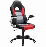 SONGMICS Gamingstuhl, Racing Chair, Schreibtischstuhl mit hoher Rückenlehne, Bürostuhl, höhenverstellbar, hochklappbare Armlehnen, Wippfunktion, für Gamer, schwarz-grau-rot, OBG28BR