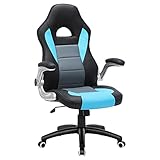 SONGMICS Gamingstuhl, Racing Chair, Schreibtischstuhl mit hoher Rückenlehne, Bürostuhl, höhenverstellbar, hochklappbare Armlehnen, Wippfunktion, für Gamer, schwarz-grau-blau, OBG28BU, 70×70×（116-126）