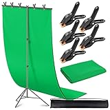 Greenscreen mit Ständer, 2 x 2M Fotografie Hintergrund Ständer mit 1,5 x 2M Chromakey Musselin-Hintergrund, Verstellbarer Ständer mit Tragetasche und 5 Federclips für Streaming Gaming Fotoshooting