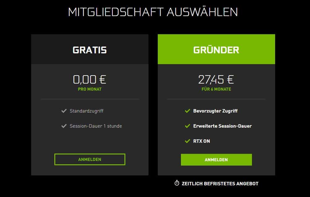 Die kostenlose Variante ist mit einer Session-Dauer von einer Stunde sehr begrenzt. Für ein halbes Jahr zahlt ihr für den vollen Funktionsumfang derzeit 27,45 Euro im halben Jahr. Quelle: Nvidia