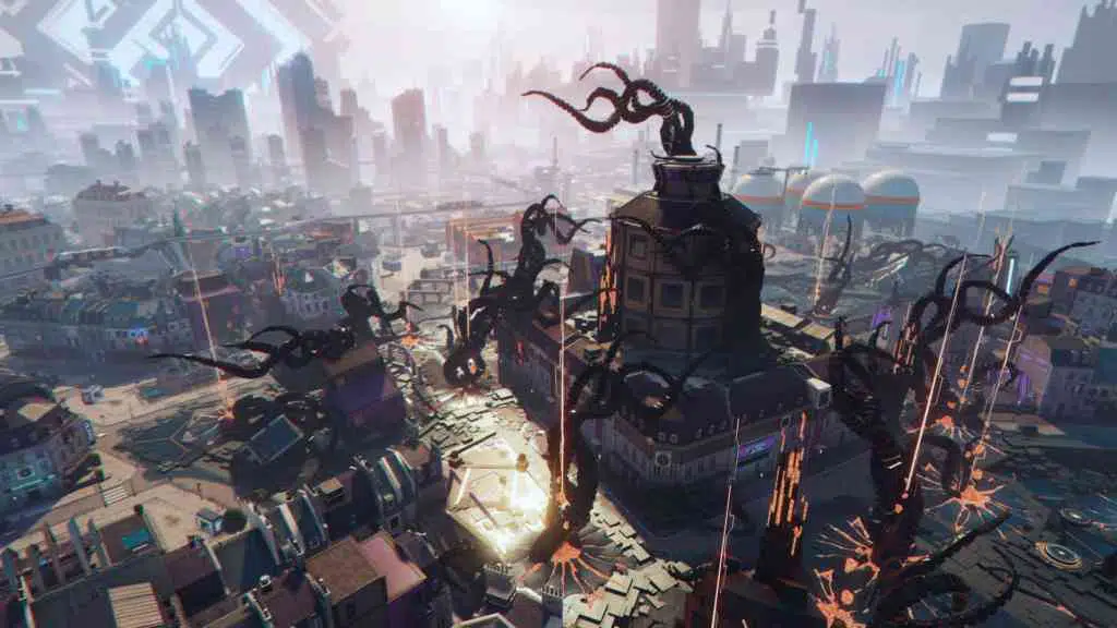 Eine uralte Macht übt Einfluss auf die Welt von Hyper Scape aus. Quelle: Ubisoft Eine uralte Macht übt Einfluss auf die Welt von Hyper Scape aus. Quelle: Ubisoft