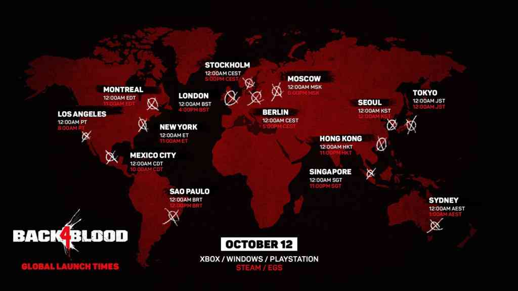 Die globalen Startzeiten zu Back 4 Blood. Quelle: Warner Bros. Games / Turtle Rock Studios Die globalen Startzeiten zu Back 4 Blood. Quelle: Warner Bros. Games / Turtle Rock Studios