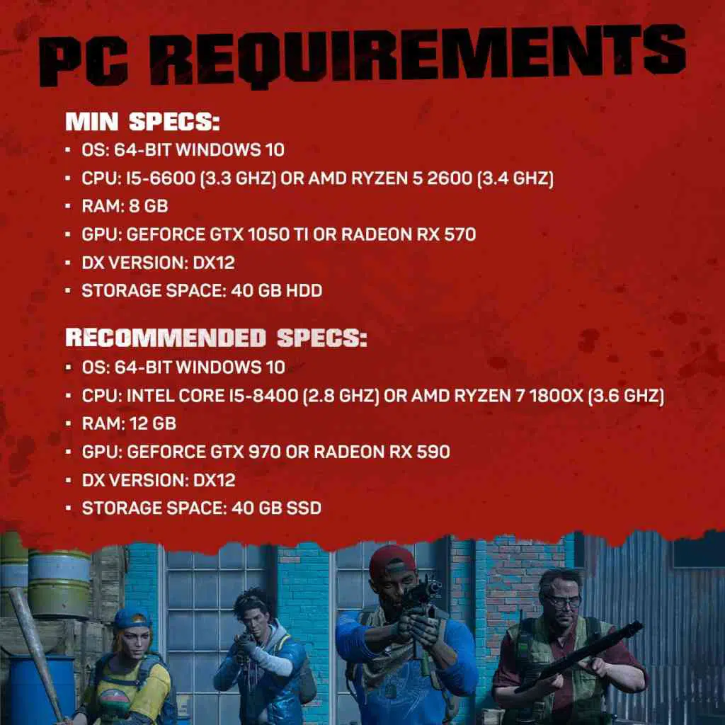 Die minimalen und empfohlenen Systemanforderungen für die PC-Version von Back 4 Blood. Quelle: Warner Bros. Games / Turtle Rock Studios