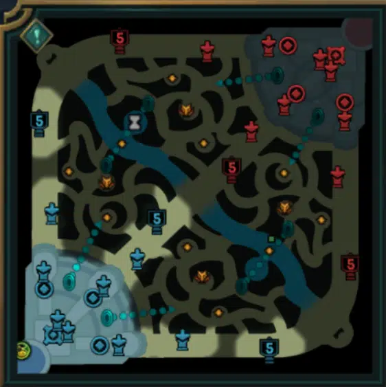 Auf der Mini-Map seht ihr, wie die Hextech-Portale platziert sind und wohin sie euch teleportieren. Quelle: Riot Games Auf der Mini-Map seht ihr, wie die Hextech-Portale platziert sind und wohin sie euch teleportieren. Quelle: Riot Games